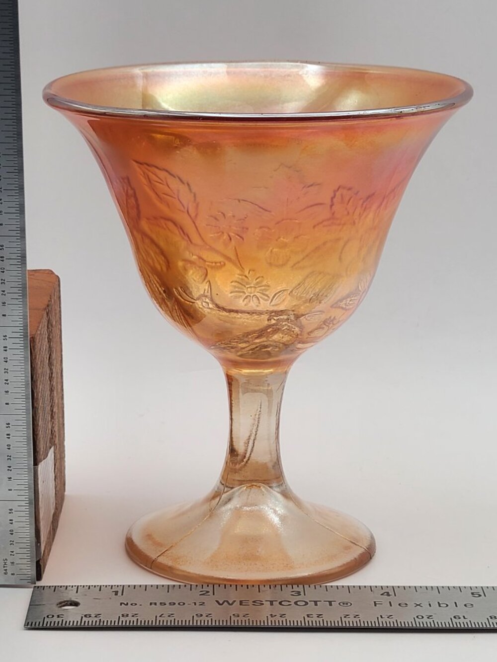 Fenton Antique Peacock Urn Compote Marigold Carnival Glass 5.5" - Picture 10 of 11